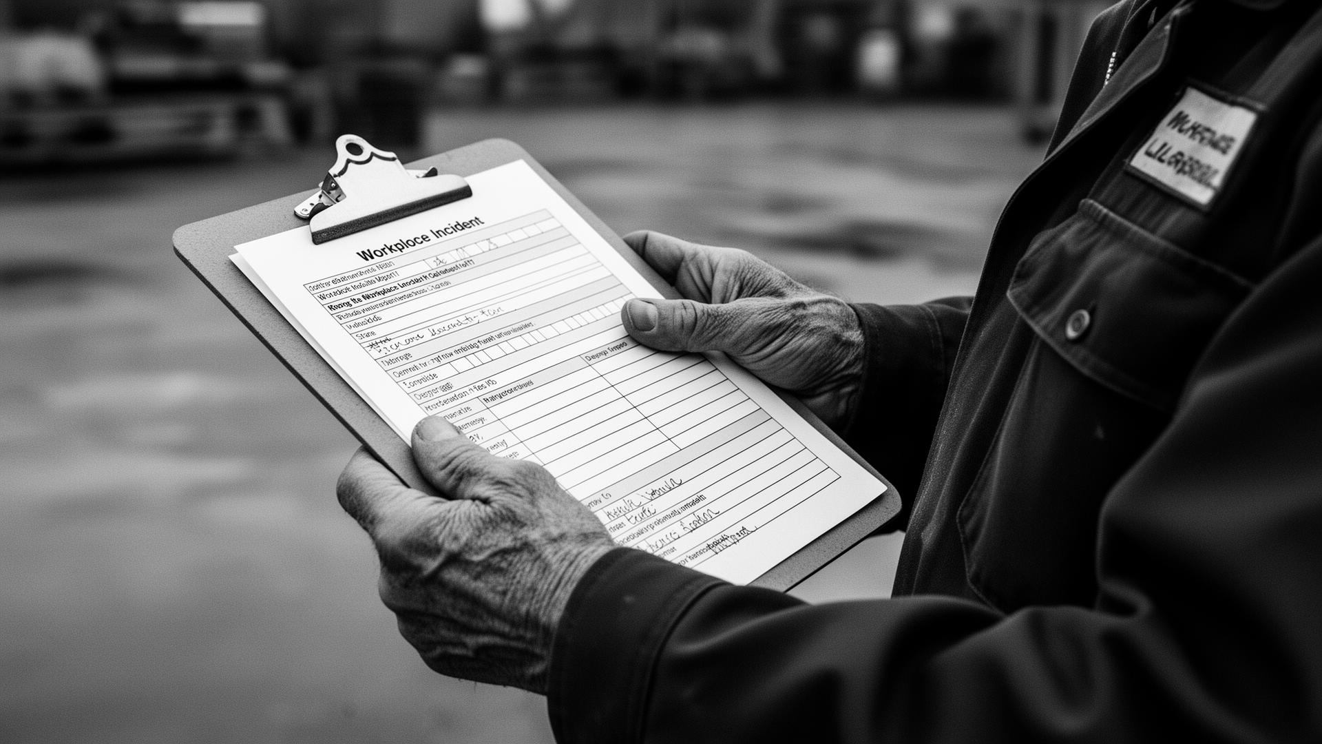 A worker's hands completing a workplace incident report on a clipboard