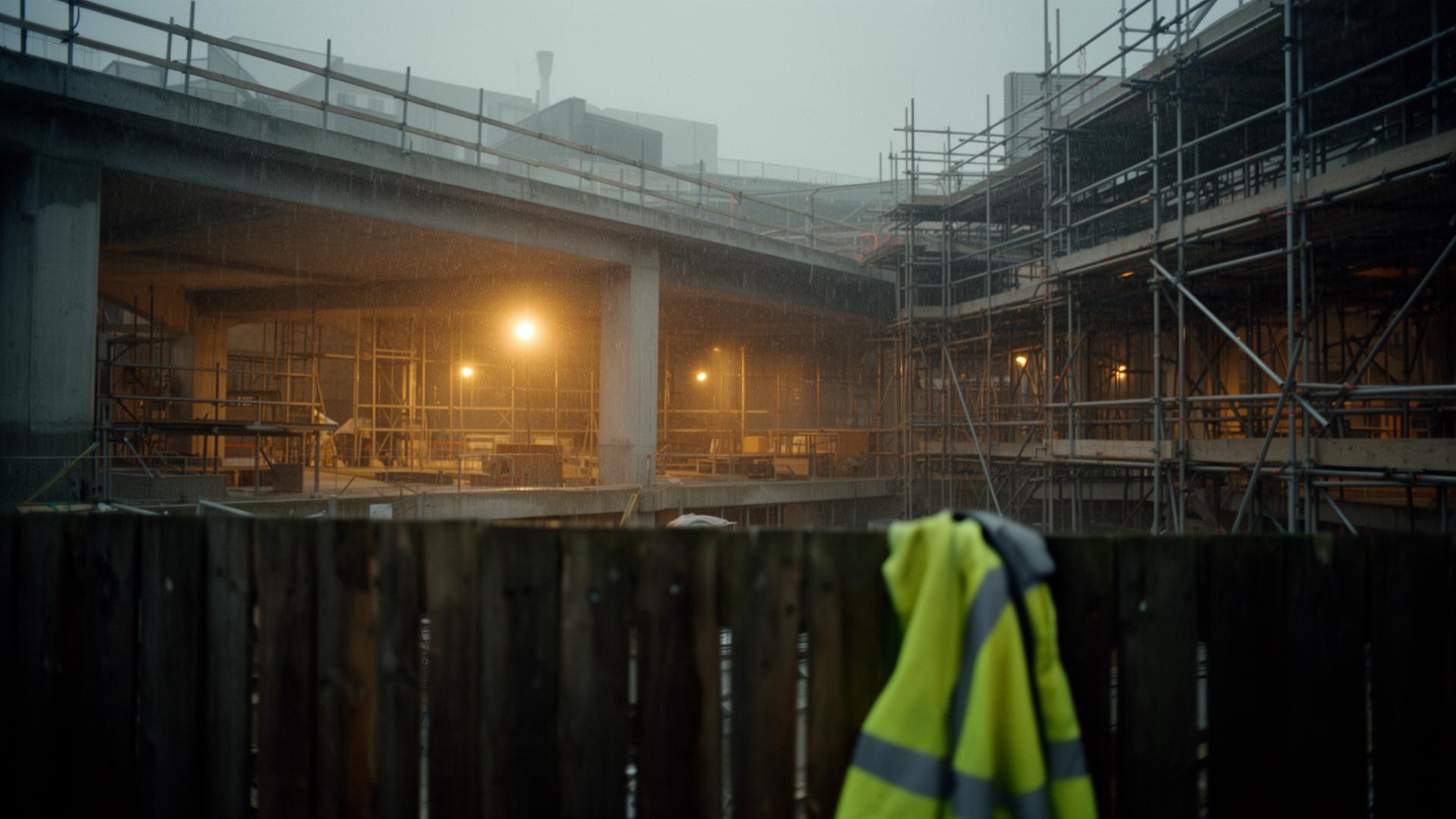 UK construction site at dusk in light rain