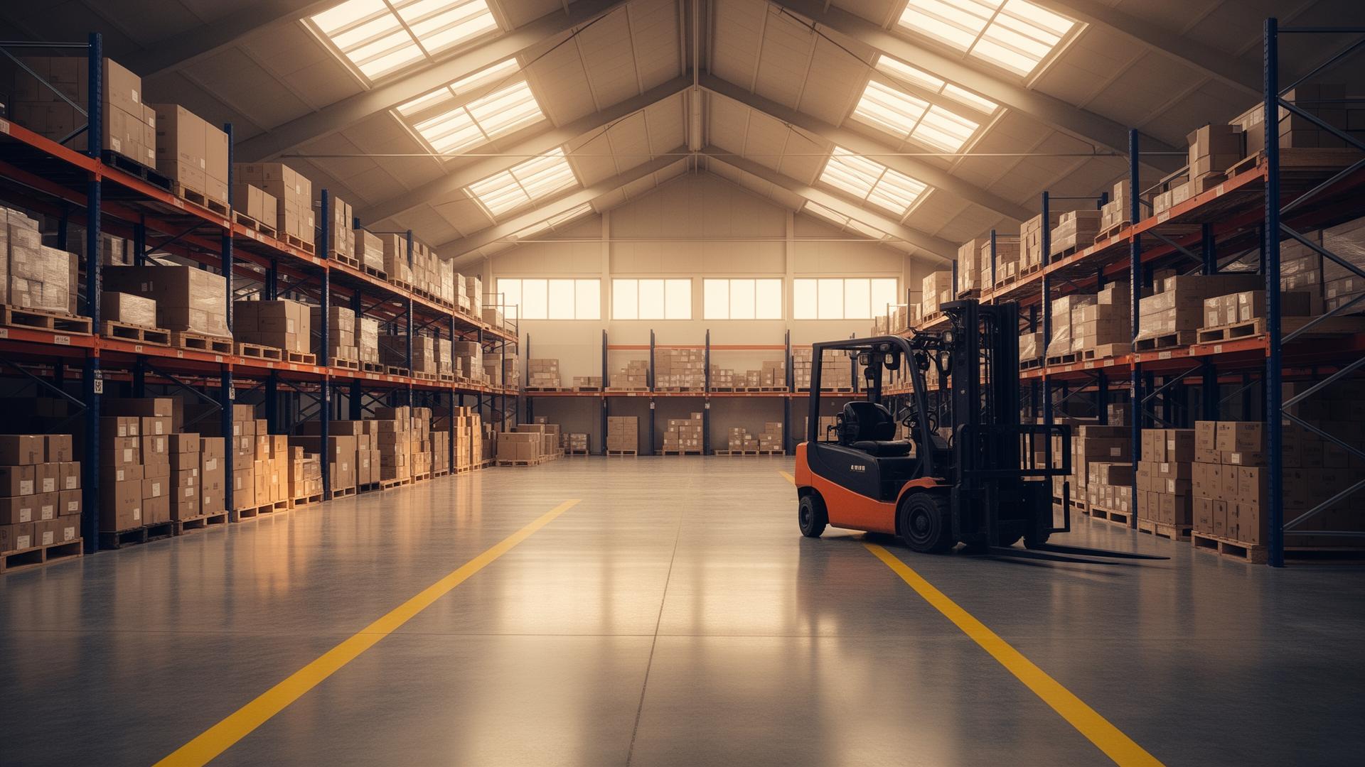 Interior of a UK distribution warehouse with high racking and a forklift truck