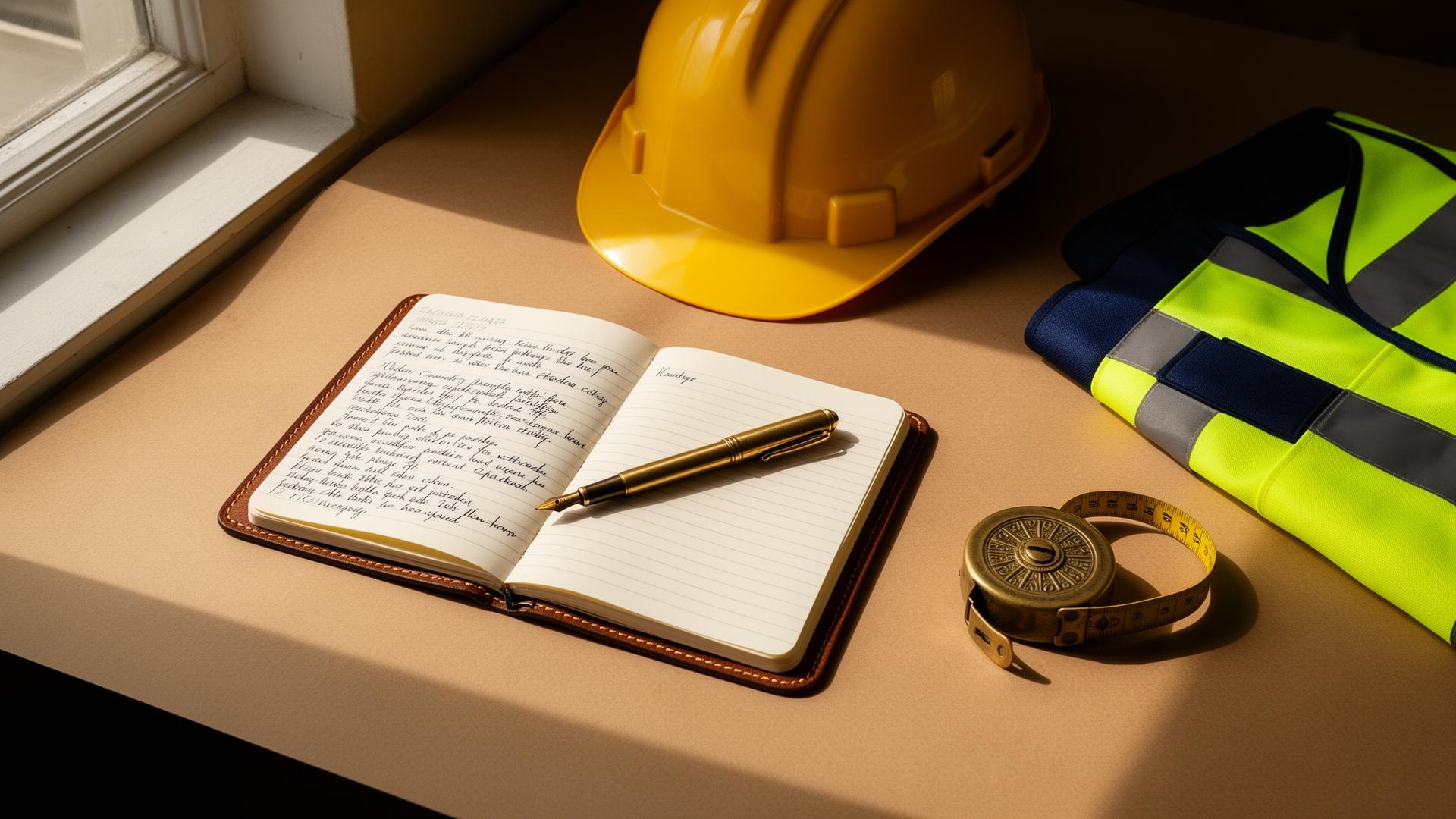 A workplace accident evidence flatlay — hard hat, notebook and high-visibility vest