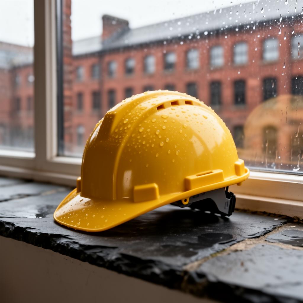A safety helmet and PPE on a workshop bench by a window — UK manufacturing context